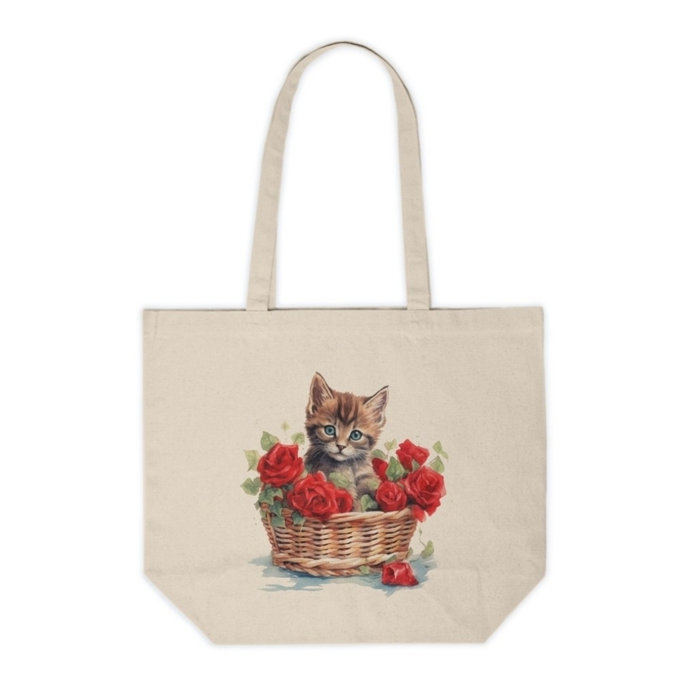 Floral Cat in a Basket Custom Canvas Tote Bag